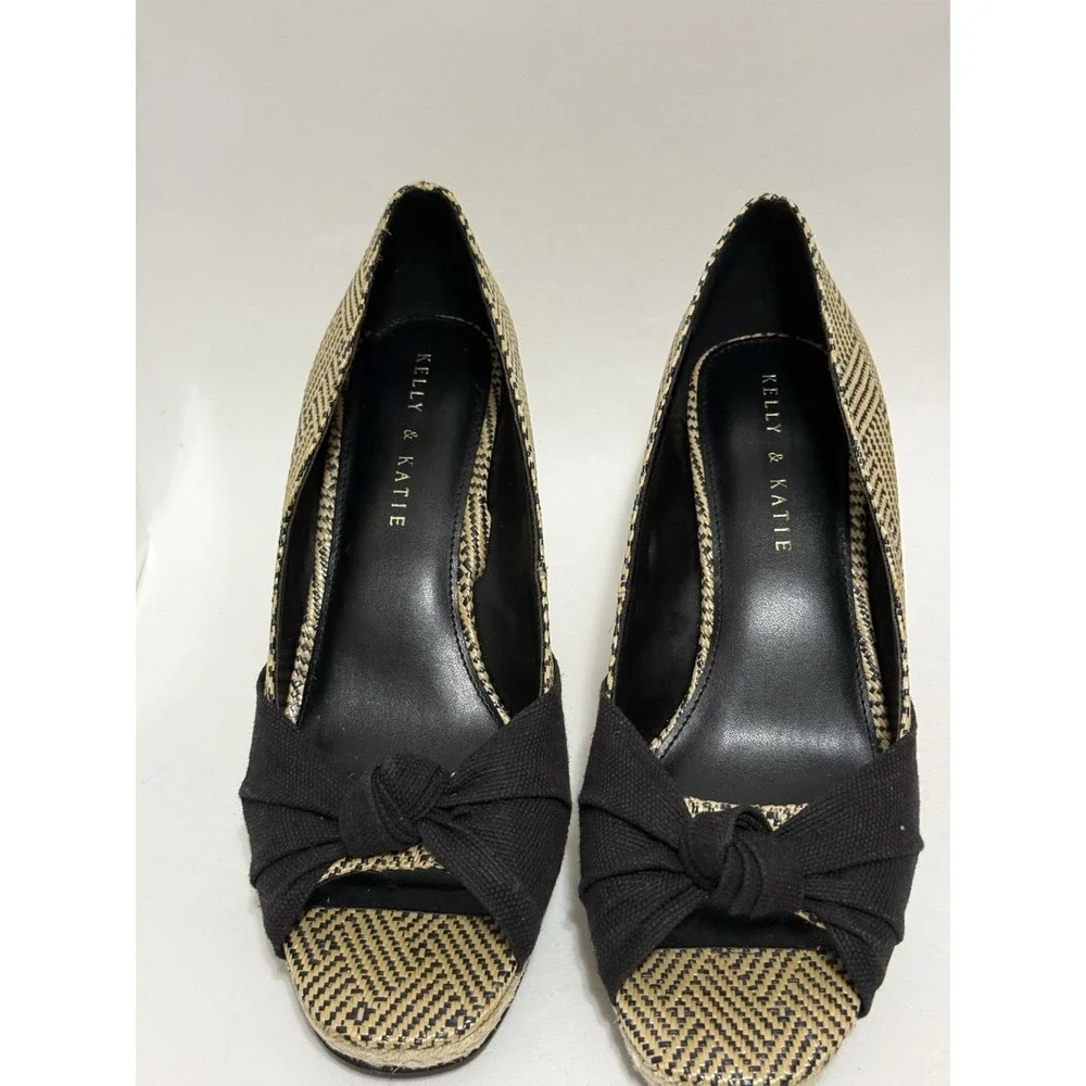 Kelly & Katie  8.5 M Knotted Espadrille Woven Wedge Sandal Black Beige